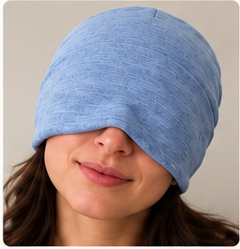 Beanie Sleeper with the integrated 3D sleep mask pulled down